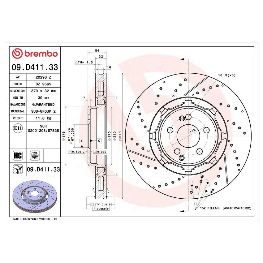 Brembo 09.D411.33 Premium Dual Cast Vented Drilled/Grooved UV Coated Brake Rotor