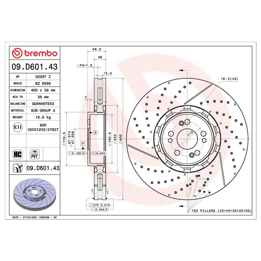 Brembo 09.D601.43 Premium Dual Cast Vented Drilled/Grooved UV Coated Brake Rotor