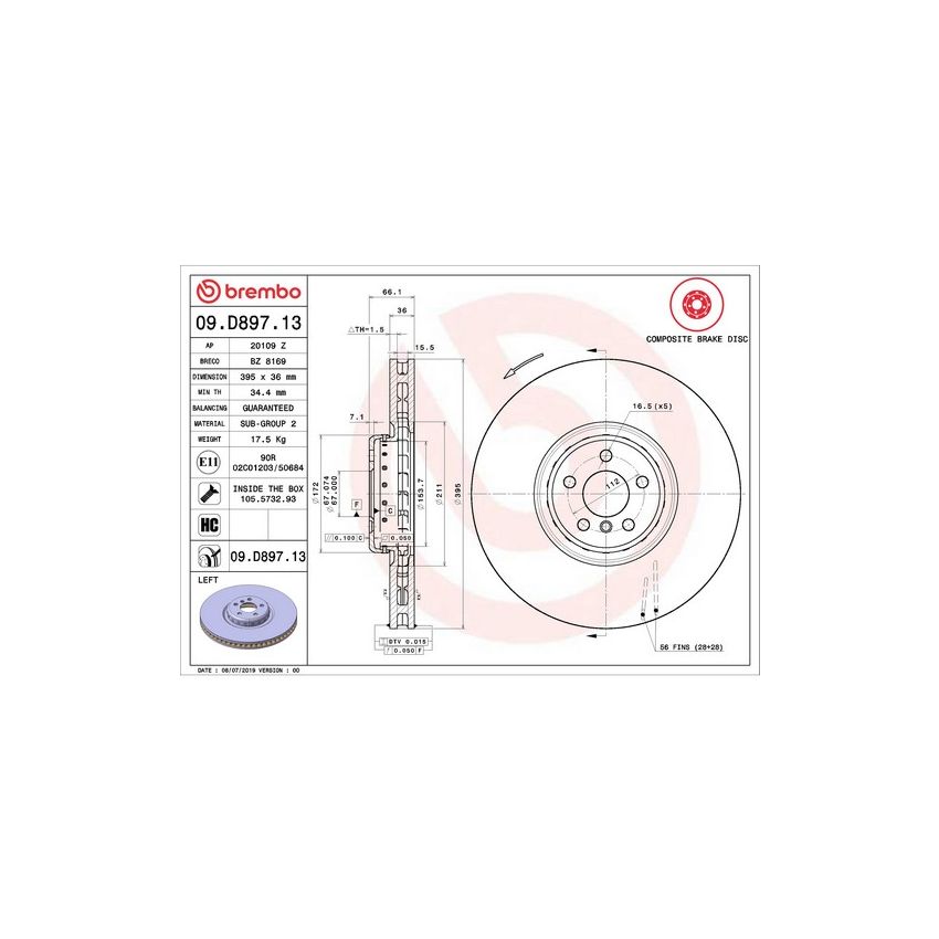Brembo 09.D897.13 Premium Vented Composite Brake Rotor