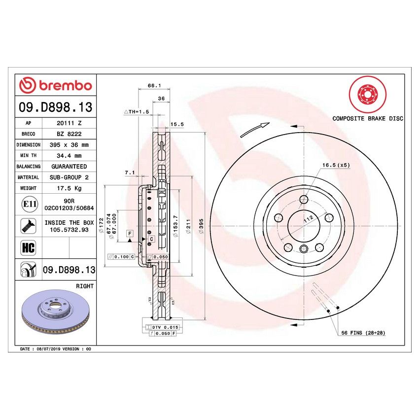 Brembo 09.D898.13 Premium Vented Composite Brake Rotor