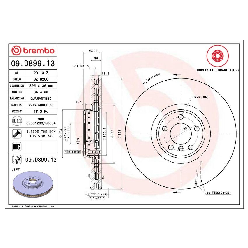Brembo 09.D899.13 Premium Vented Composite Brake Rotor