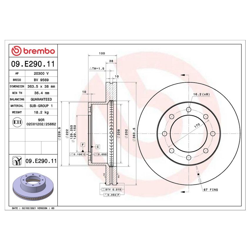 Brembo 09.E290.11 Brembo 09.E290.11 UV Coated Vented Front Rotor For Ford F-250 & F-350