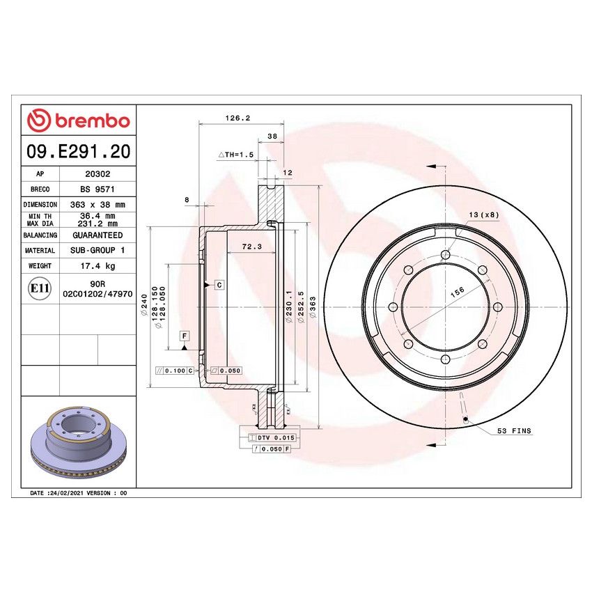 Brembo 09.E291.20 Premium Vented Brake Rotor