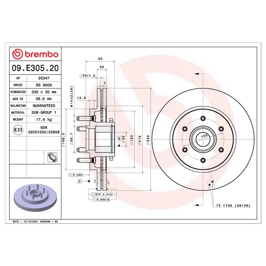 Brembo 09.E305.20 Premium Vented Brake Rotor