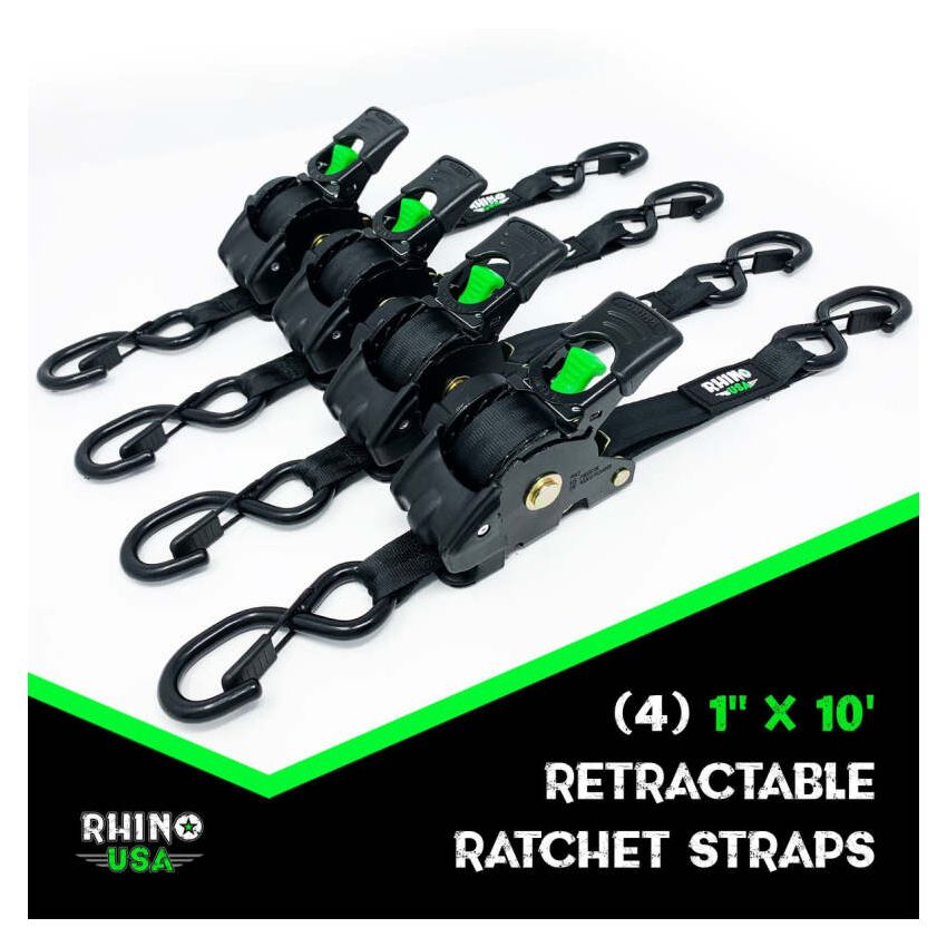 Rhino USA TD-RSRE1X10-GRY Retractable Ratchet Straps (4Pk 1Inx10Ft) (Gray)