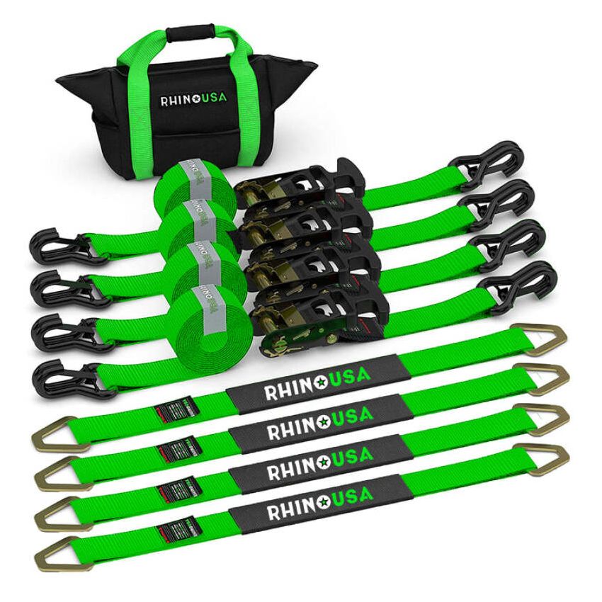 Rhino USA 2IN-HDKIT-GRN Heavy Duty Vehicle Tie Down Kit- Green
