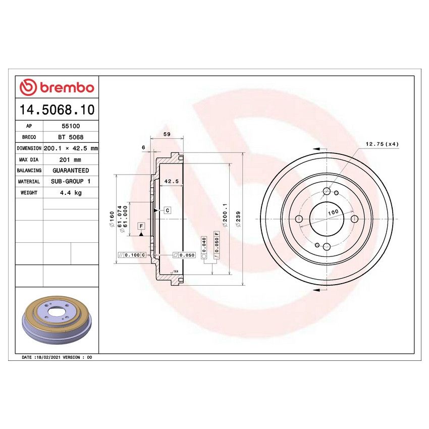 Brembo 14.5068.10 Premium OE Equivalent Brake Drum