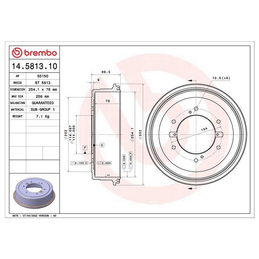 Brembo 14.5813.10 Premium OE Equivalent Brake Drum