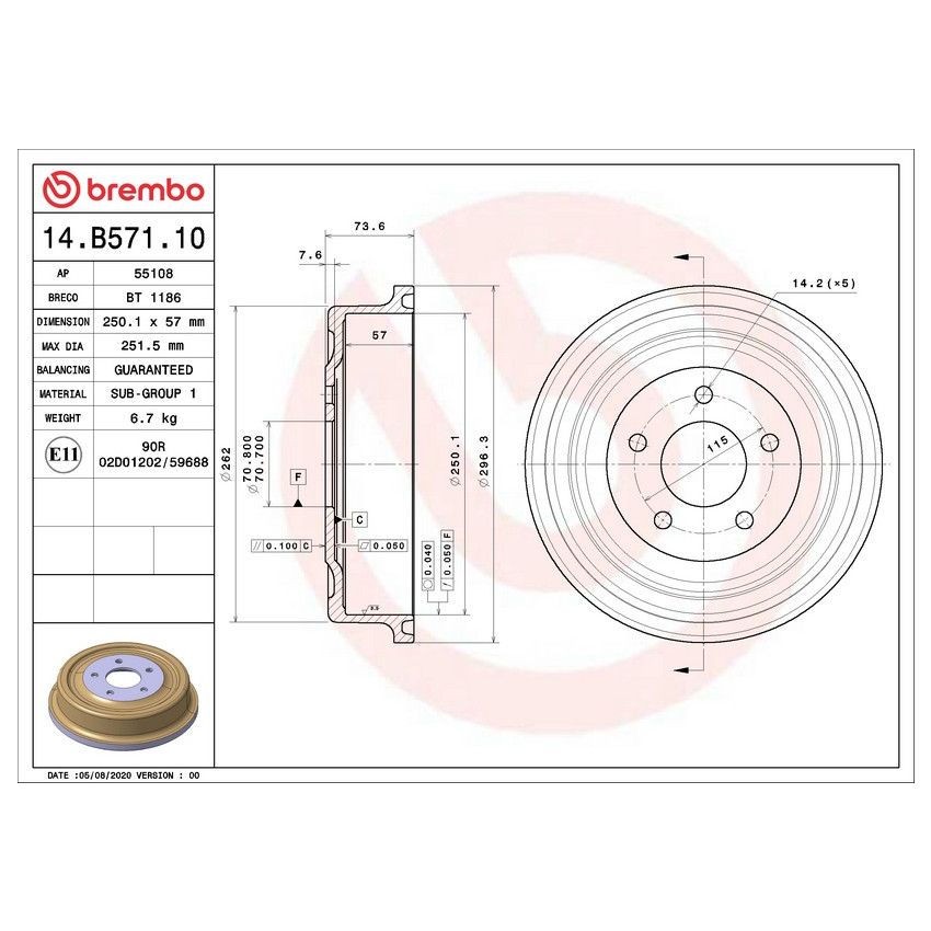Brembo 14.B571.10 Premium OE Equivalent Brake Drum