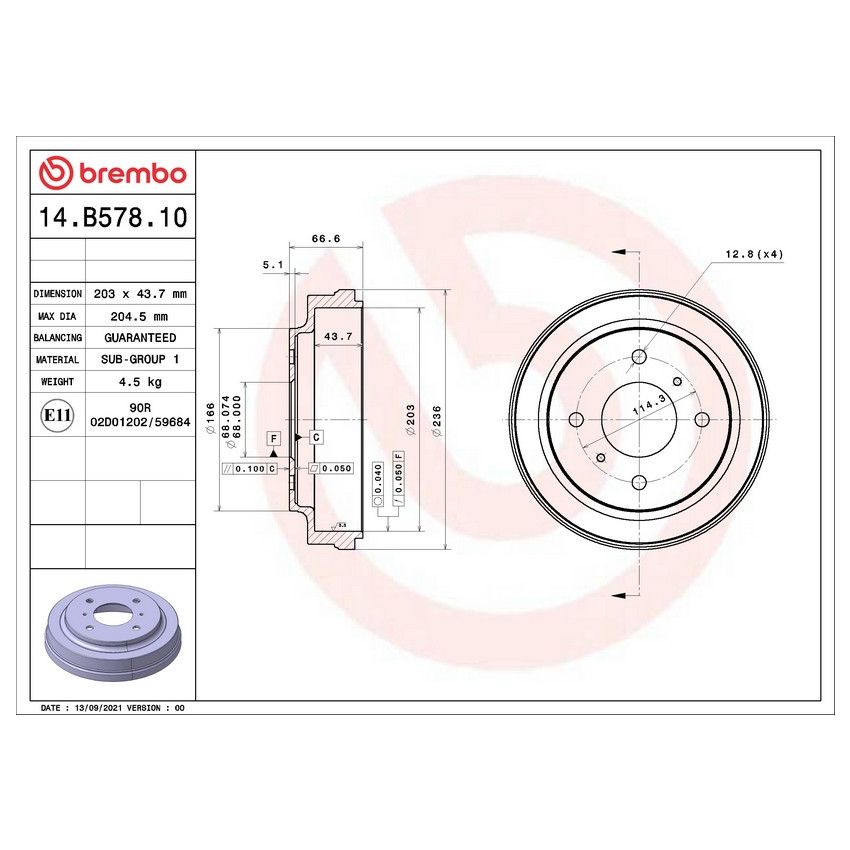Brembo 14.B578.10 Premium OE Equivalent Brake Drum