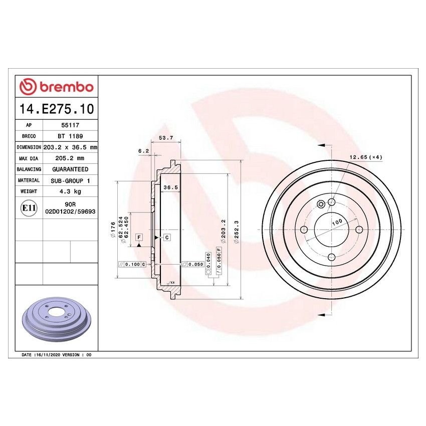 Brembo 14.E275.10 Premium OE Equivalent Brake Drum