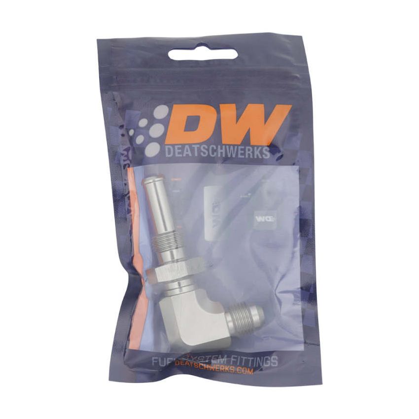 DeatschWerks 6AN Male Flare to 90-Degree 3/8in Single Hose Barb - Anodized DW Titanium