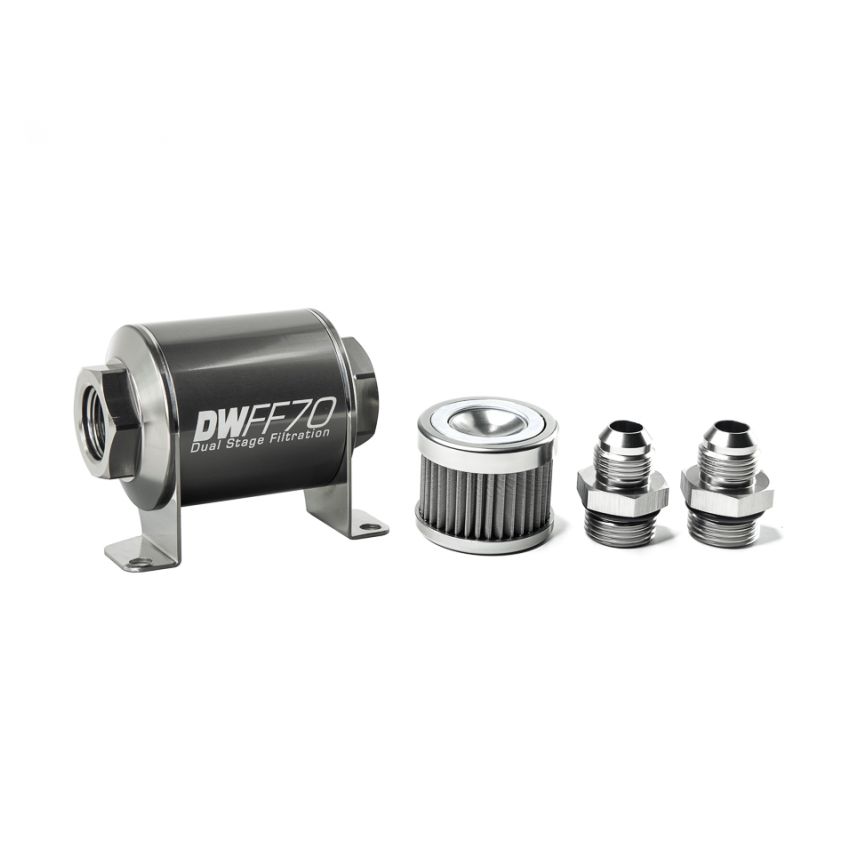 DeatschWerks Stainless Steel 8AN 40 Micron Universal Inline Fuel Filter Housing Kit (70mm)