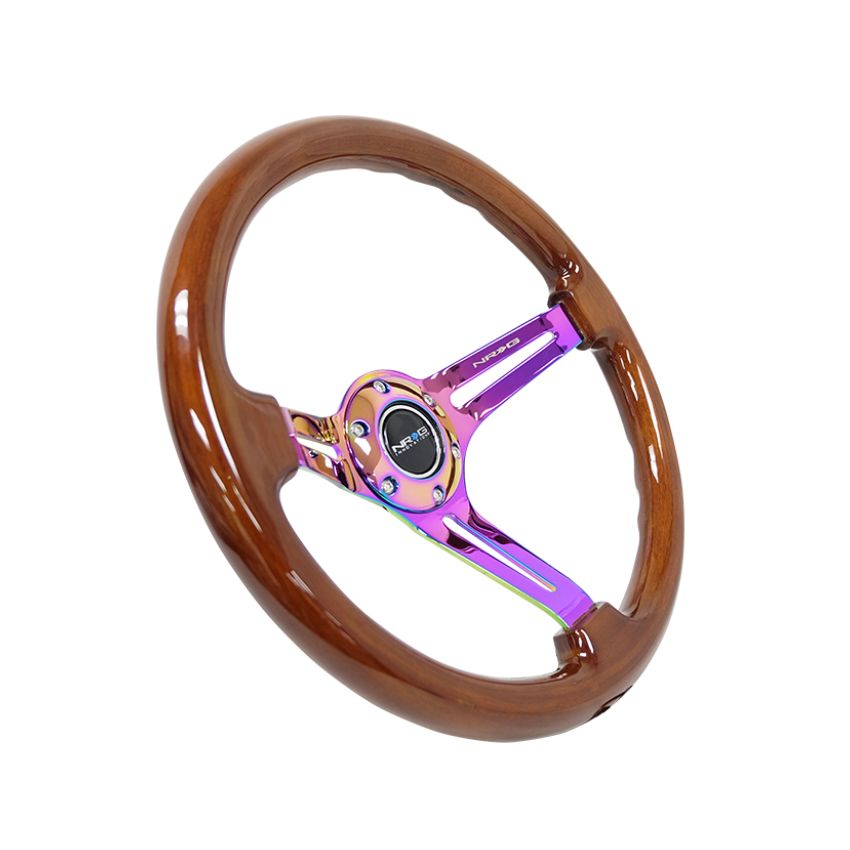 NRG Reinforced Steering Wheel (350mm / 3in. Deep) Brown Wood w/Blk Matte Spoke/Neochrome Center Mark