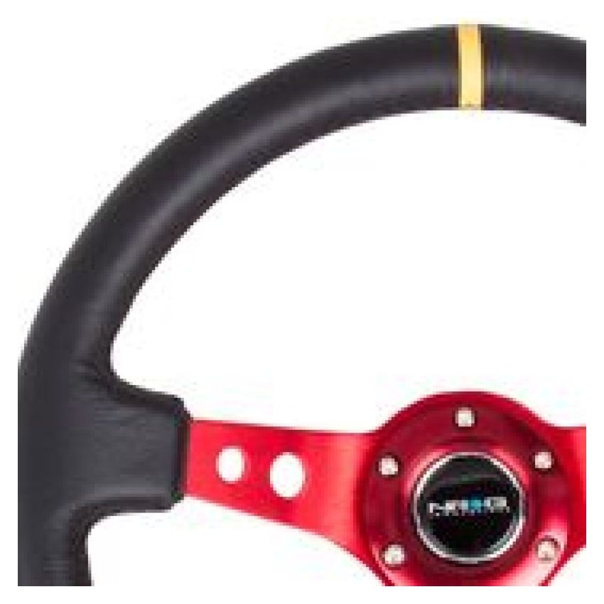NRG Reinforced Steering Wheel (350mm / 3in. Deep) Blk Leather w/Red Spokes & Sgl Yellow Center Mark