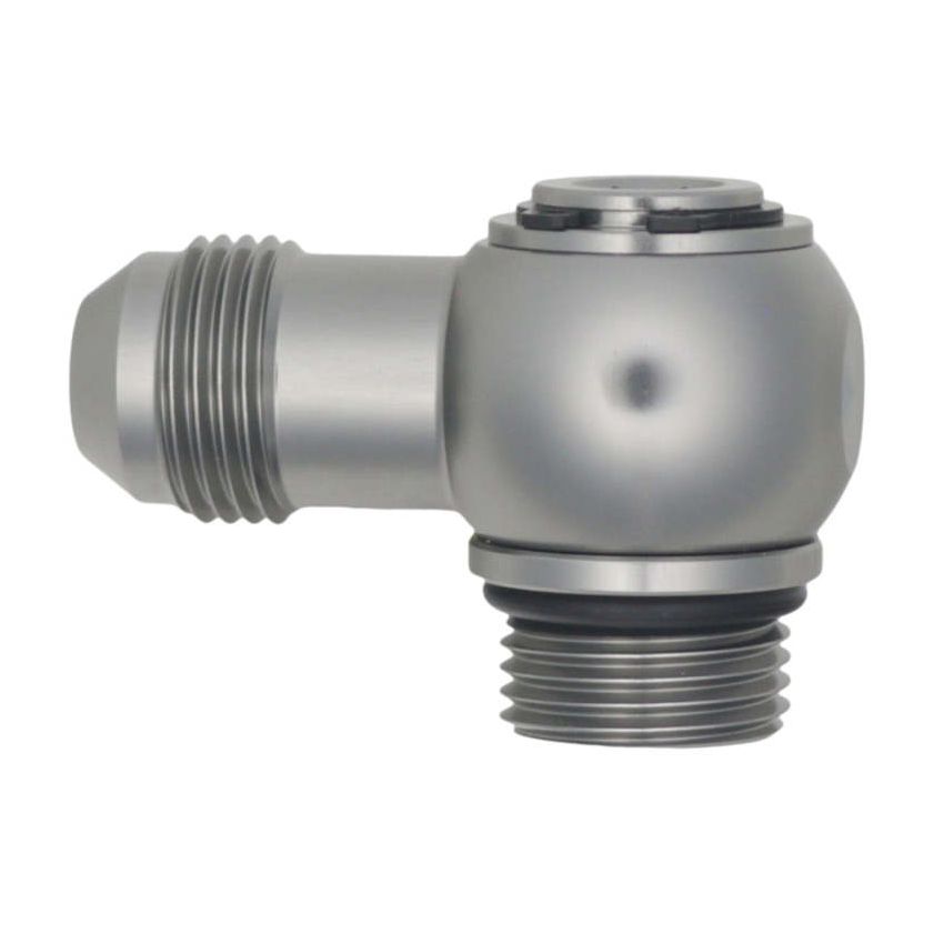 DeatschWerks 8AN ORB Male to 8AN Male Flare Low Profile 90-Degree Swivel - Anodized DW Titanium