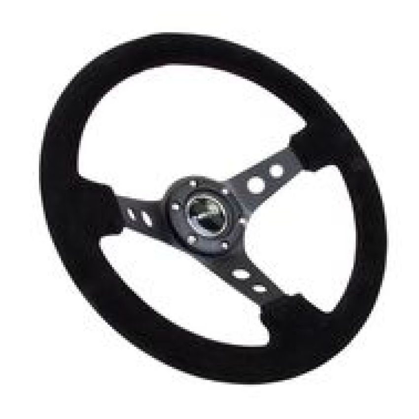 NRG Reinforced Steering Wheel (350mm / 3in. Deep) Blk Suede/Blk Stitch w/Black Circle Cutout Spokes