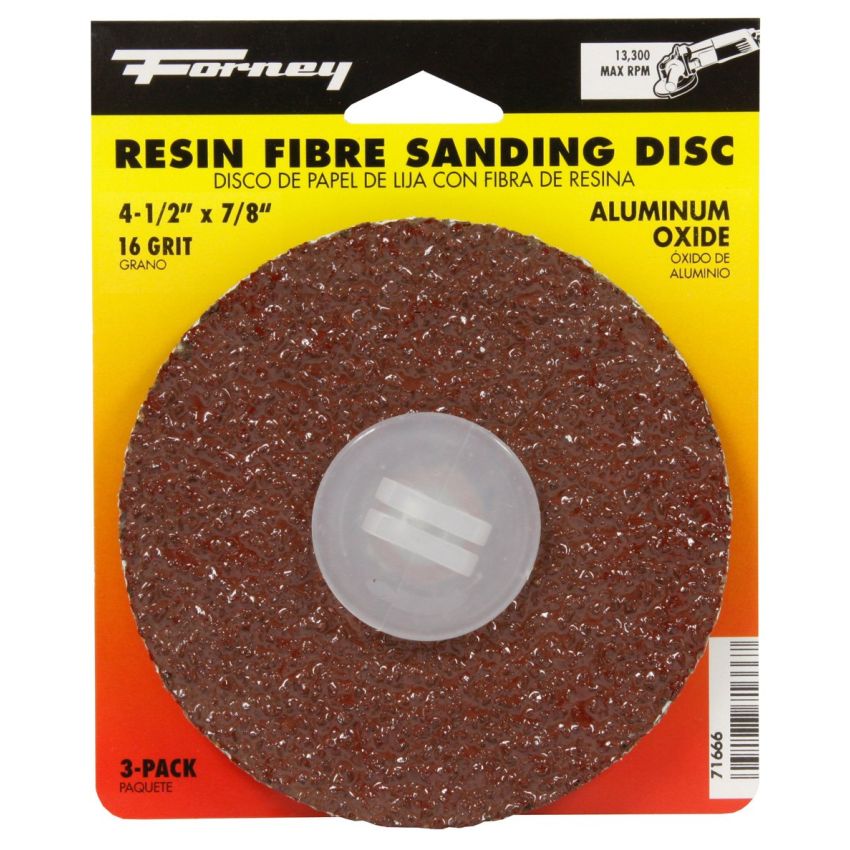 Forney 71666 Sanding Discs, Aluminum Oxide with 7/8-Inch Arbor, 4-1/2-Inch, 16-Grit, 3-Pack