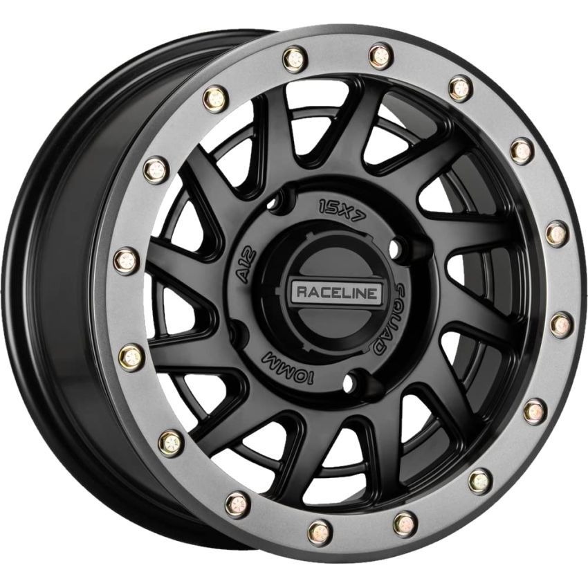 Raceline A12BG Squad 15x7in/4x156 BP/38mm Offset/132.5mm Bore - Black & Gunmetal Ring Beadlock Wheel