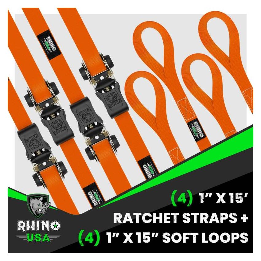 Rhino USA RCHT-4PACK-ORG Medium Duty Ratchet Strap Tie-Down 4-Pack (Orange)