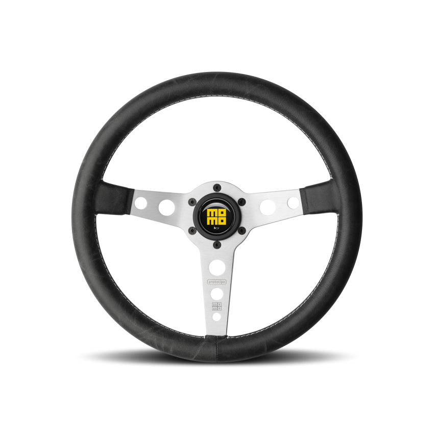 MOMO PRH35BK0S Prototipo Steering Wheel 350 mm - Black Leather/White Stitch/Brshd Spokes