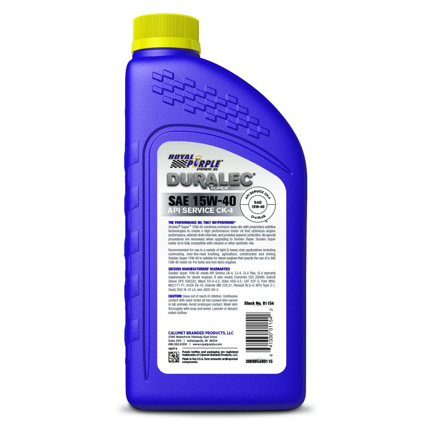 Royal Purple 06154 Duralec Super Diesel 15W-40 CK-4 Motor Oil - 1 Quart