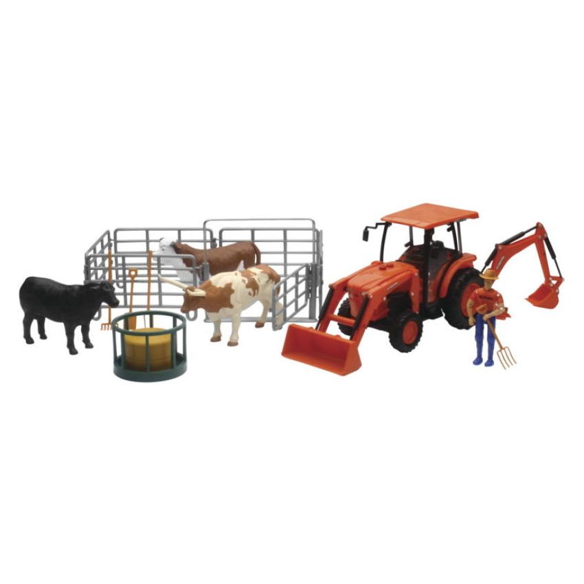 New Ray Toys SS-33313 Kubota Tractor with Figurine, Animals and Fence/ Scale - 1:18