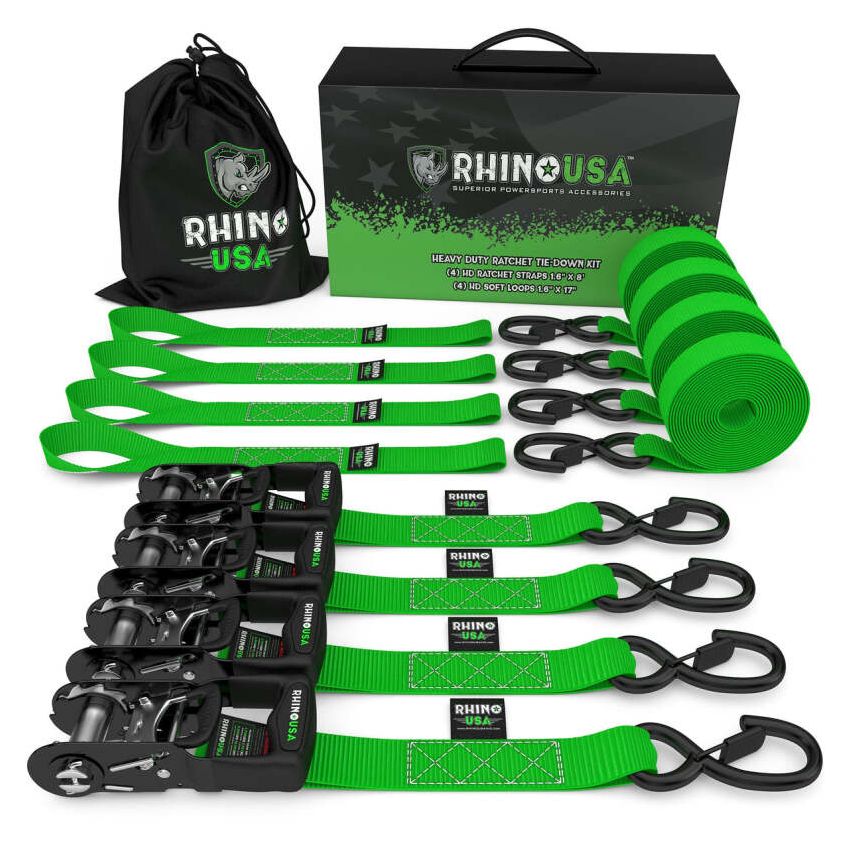 Rhino USA TD-GC1.6X15-GRN Heavy Duty Ratchet Tie-Down 4-Pack Green 1.6In X 15Ft