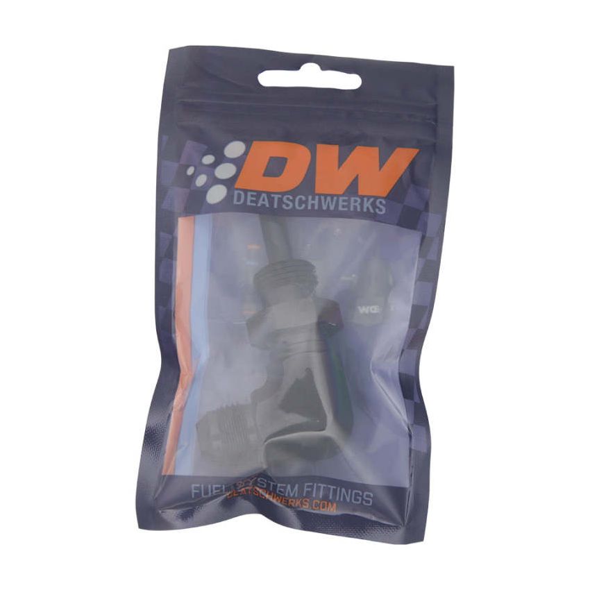 DeatschWerks 8AN Male Flare to 5/16in Male Barb Bulkhead Adapter 90-Degree - Anodized Matte Black
