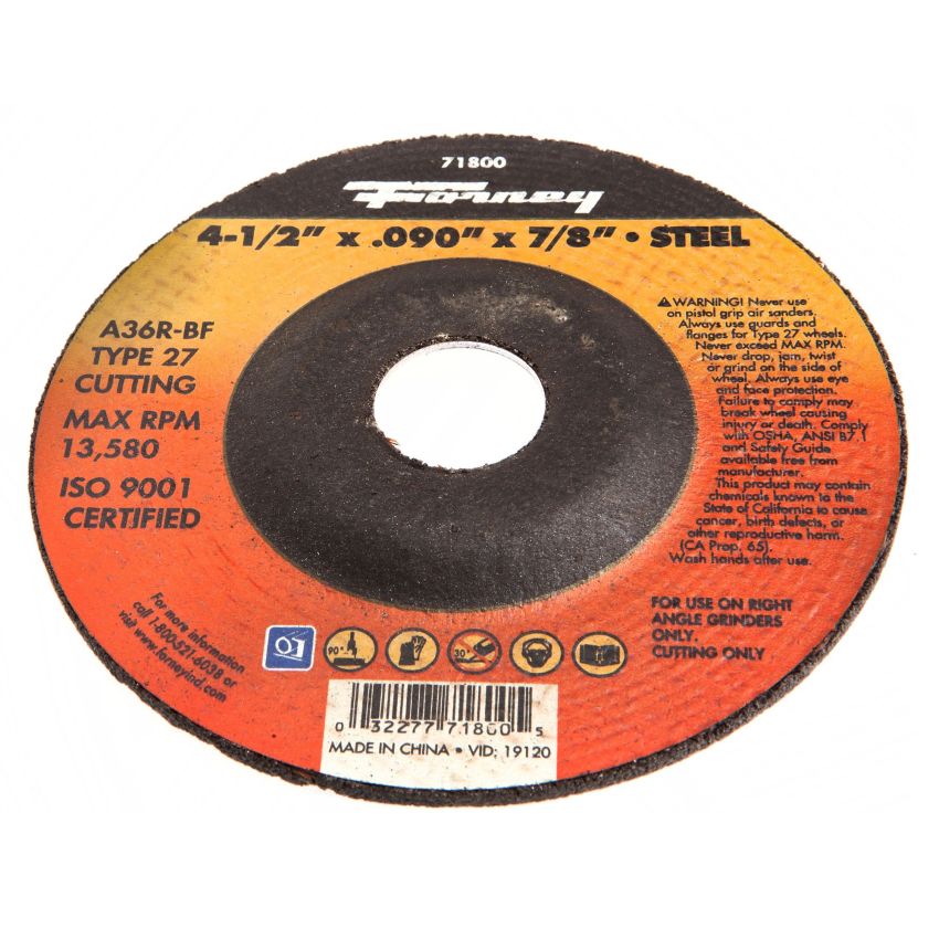 Forney 71800 Cut-Off Wheel with 7/8-Inch Arbor, Metal Type 27, A36R-BF, 4-1/2-Inch-by-0.090-Inch