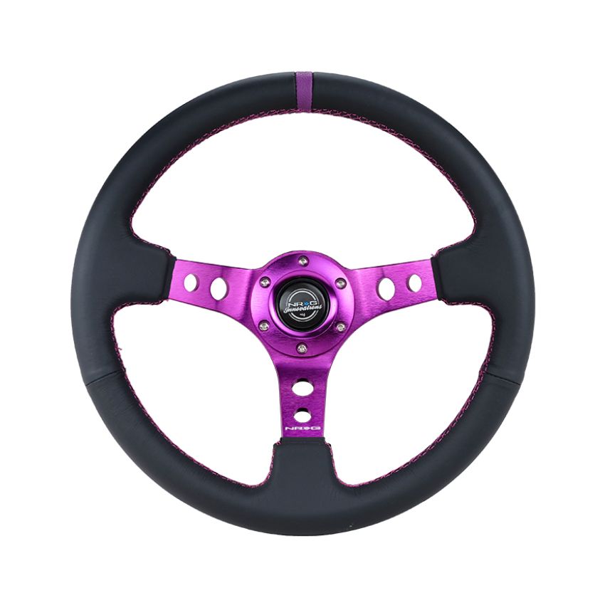 NRG RST-006PP Reinforced Steering Wheel (350mm / 3in. Deep) Black Leather w/Purple Center & Purple Stitching