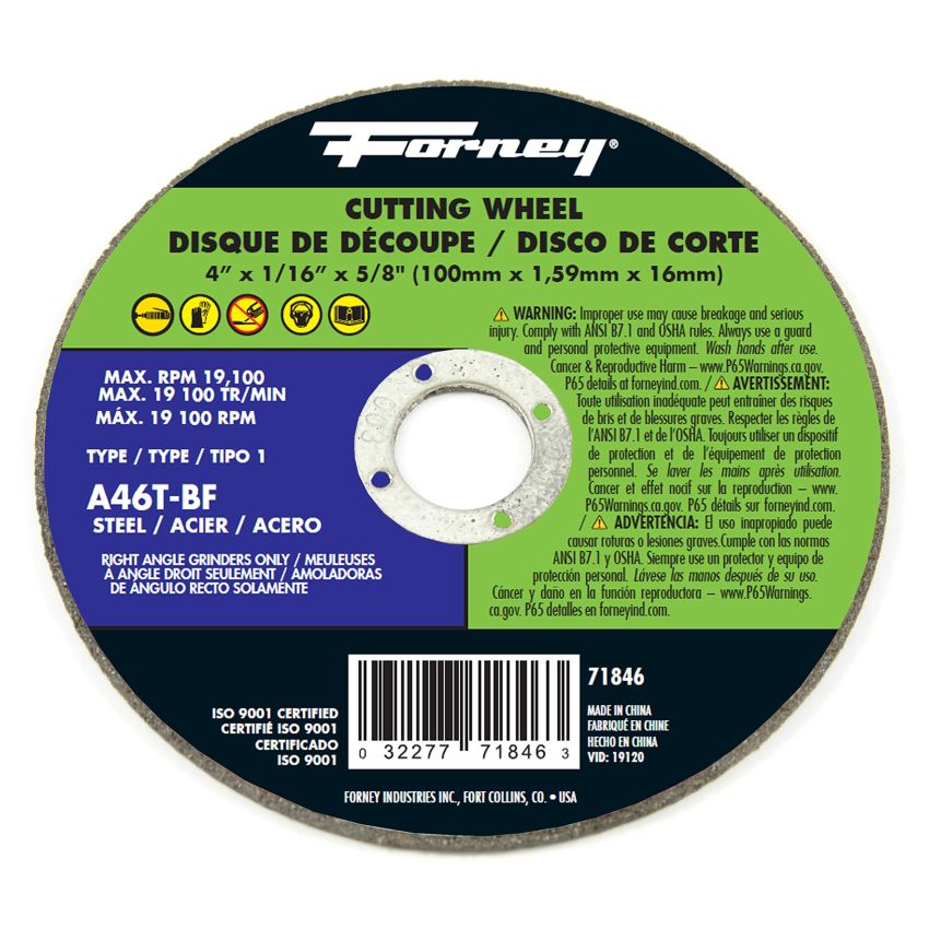 Forney 71846 Cut-Off Wheel with 5/8-Inch Arbor, Metal Type 1, A46T-BF, 4-Inch-by-1/16-Inch
