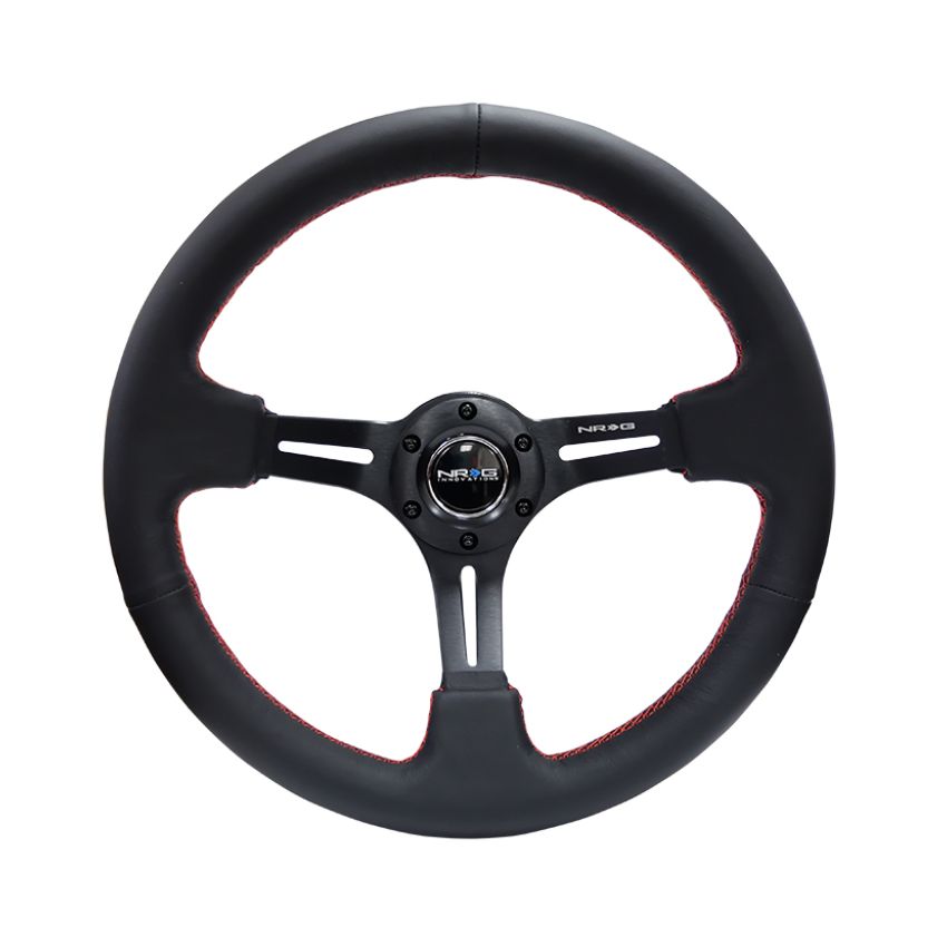NRG Reinforced Steering Wheel (350mm / 3in. Deep) Black Leather/Red Stitch & Blk 3-Spoke w/Slits