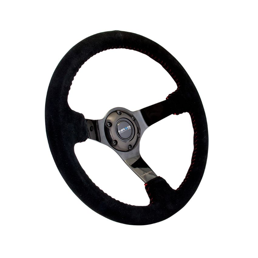 NRG Reinforced Steering Wheel (350mm / 3in. Deep) Blk Suede w/Red BBall Stitch & Black 3-Spoke