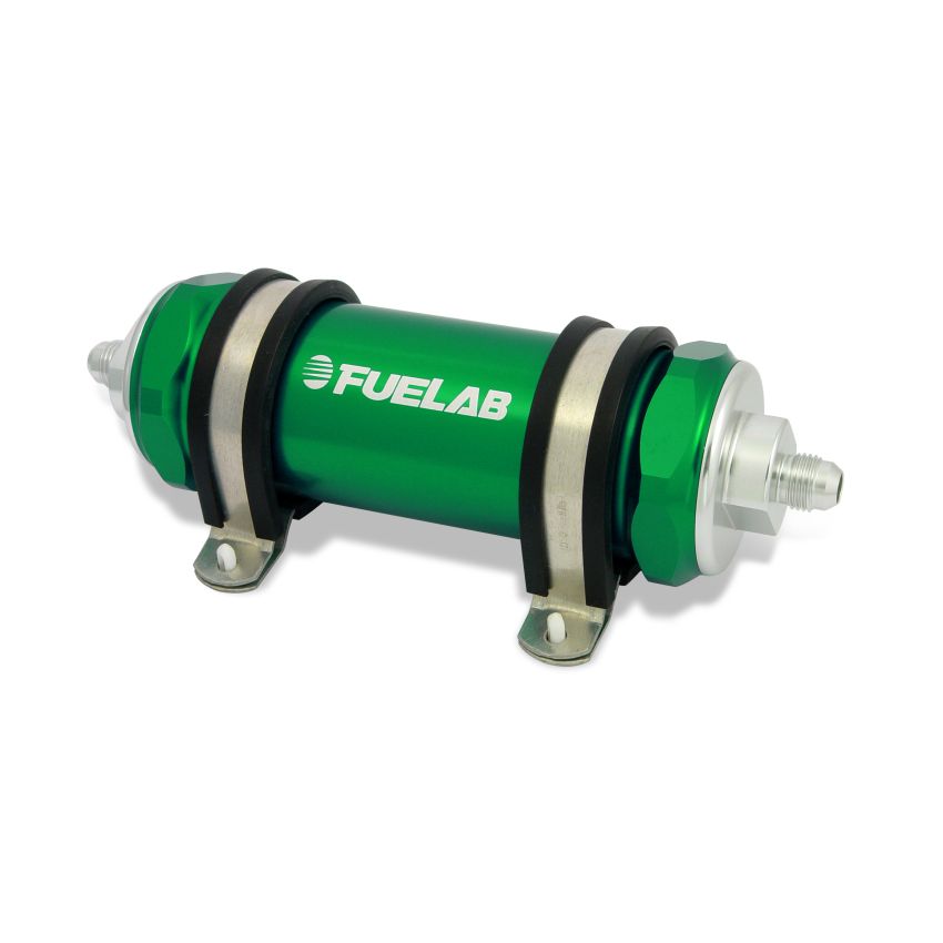 Fuelab 858 In-Line Fuel Filter Long -10AN In/Out 40 Micron Stainless w/Check Valve - Green