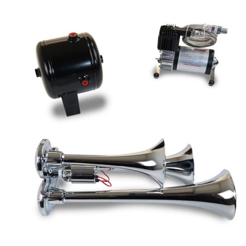 Kleinn Air Horns HK3 Kleinn Triple Chrome Horn Kit w/ 130 PSI Air Compressor / 1.0 gal Air Tank