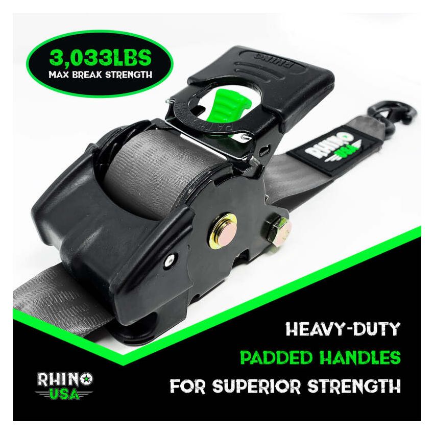 Rhino USA TD-RSRE2X10-GRY Retractable Ratchet Straps (2Pk 2Inx10Ft) Gray