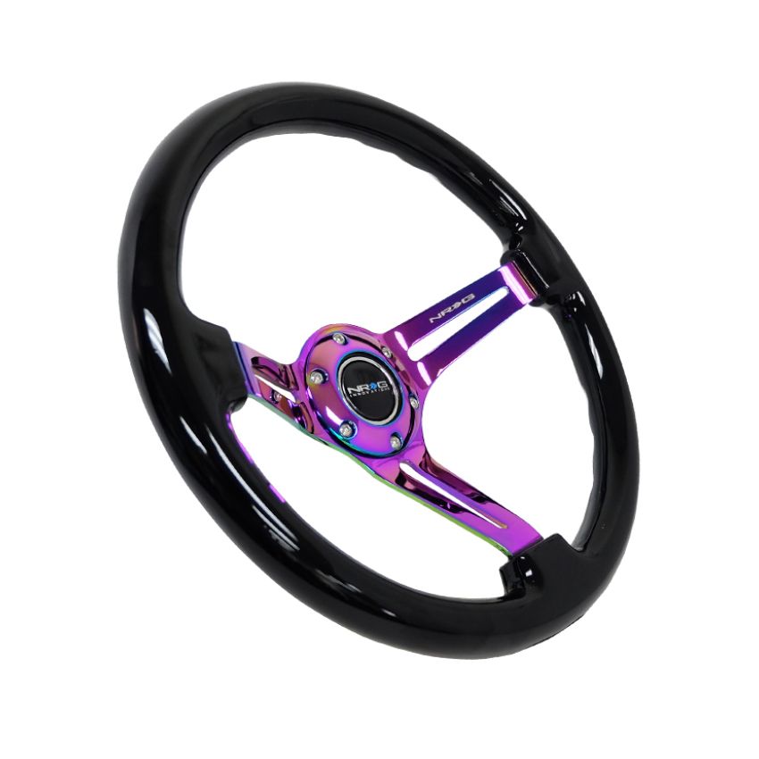NRG Reinforced Steering Wheel (350mm / 3in. Deep) Blk Wood w/Blk Matte Spoke/Neochrome Center Mark