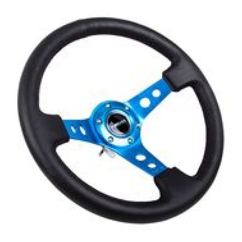 NRG Reinforced Steering Wheel (350mm / 3in. Deep) Blk Leather w/Blue Circle Cutout Spokes