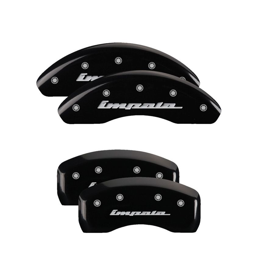 MGP 14223SIMPBK 4 Caliper Covers Engraved Front & Rear Impala Black finish silver ch