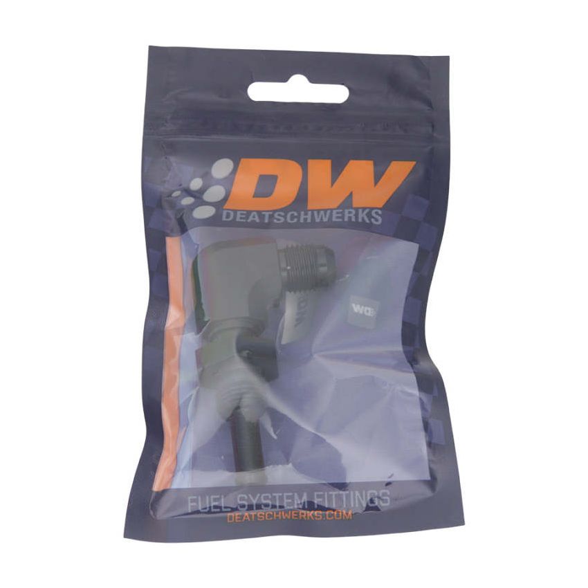 DeatschWerks 6AN Male Flare to 5/16in Male Barb Bulkhead Adapter 90-Degree - Anodized Matte Black