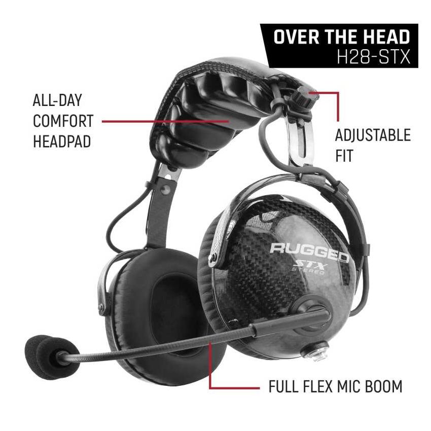 Rugged Radios H48-STX AlphaBass Carbon Fiber Headset for STEREO and OFFROAD Intercoms Behind The Head