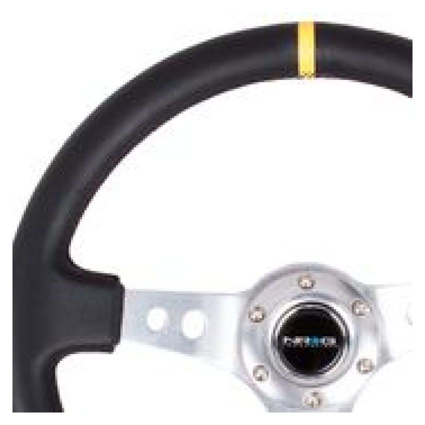 NRG Reinforced Steering Wheel (350mm / 3in. Deep) Blk Leather w/Circle Cut Spokes & Single Yellow CM