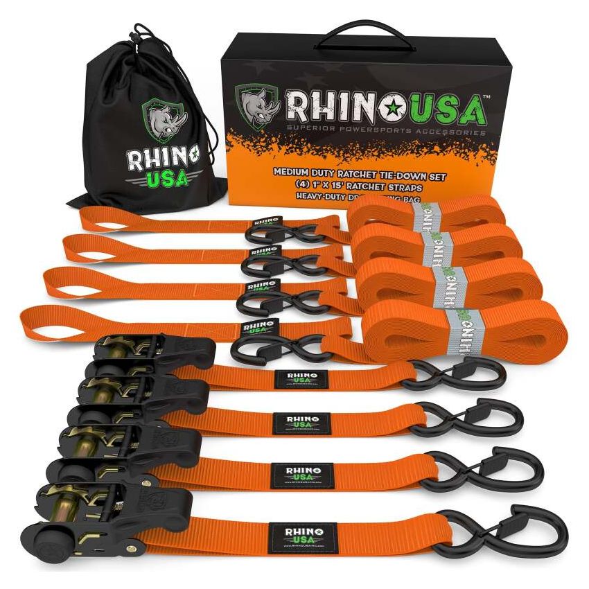 Rhino USA RCHT-4PACK-ORG Medium Duty Ratchet Strap Tie-Down 4-Pack (Orange)
