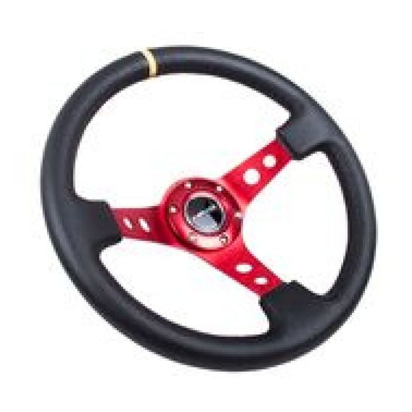 NRG Reinforced Steering Wheel (350mm / 3in. Deep) Blk Leather w/Red Spokes & Sgl Yellow Center Mark