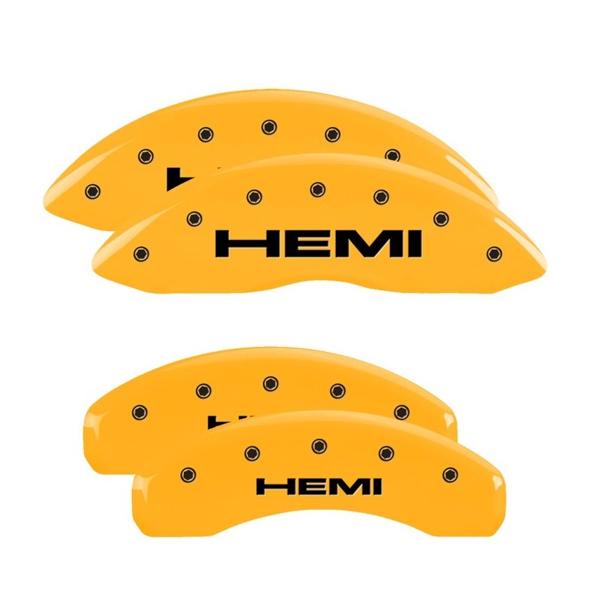 MGP 4 Caliper Covers Engraved Front & Rear 11-18 Jeep Grand Cherokee Yellow Finish Black Hemi Logo