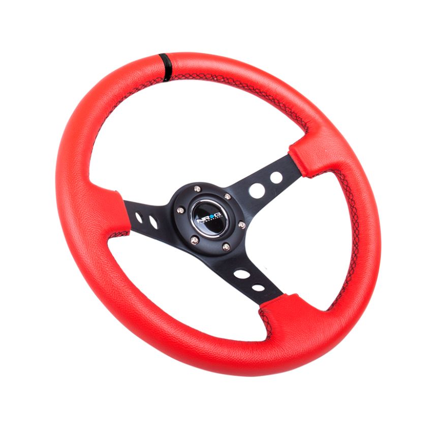 NRG Reinforced Steering Wheel (350mm / 3in. Deep) Red Suede w/Blk Circle Cutout Spokes