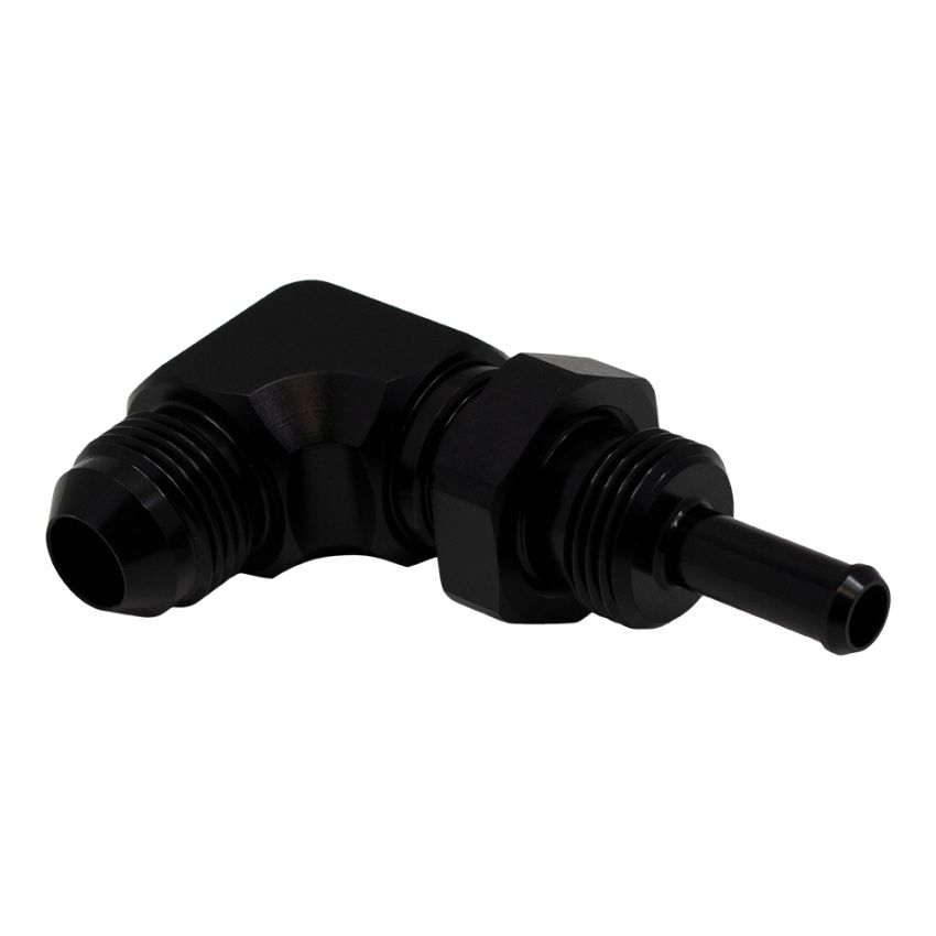 DeatschWerks 8AN Male Flare to 5/16in Male Barb Bulkhead Adapter 90-Degree - Anodized Matte Black