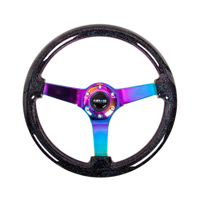 NRG Reinforced Steering Wheel (350mm / 3in. Deep) Classic Blk Sparkle w/4mm Neochrome 3-Spoke Center