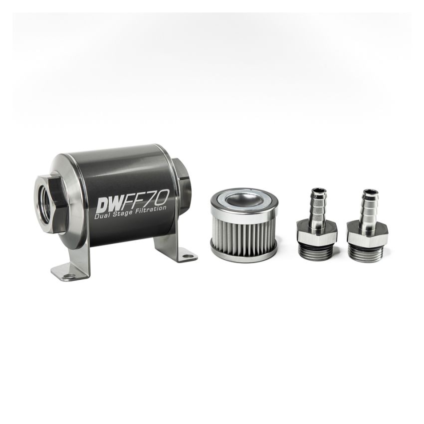 DeatschWerks Stainless Steel 3/8in 10 Micron Universal Inline Fuel Filter Housing Kit (70mm)